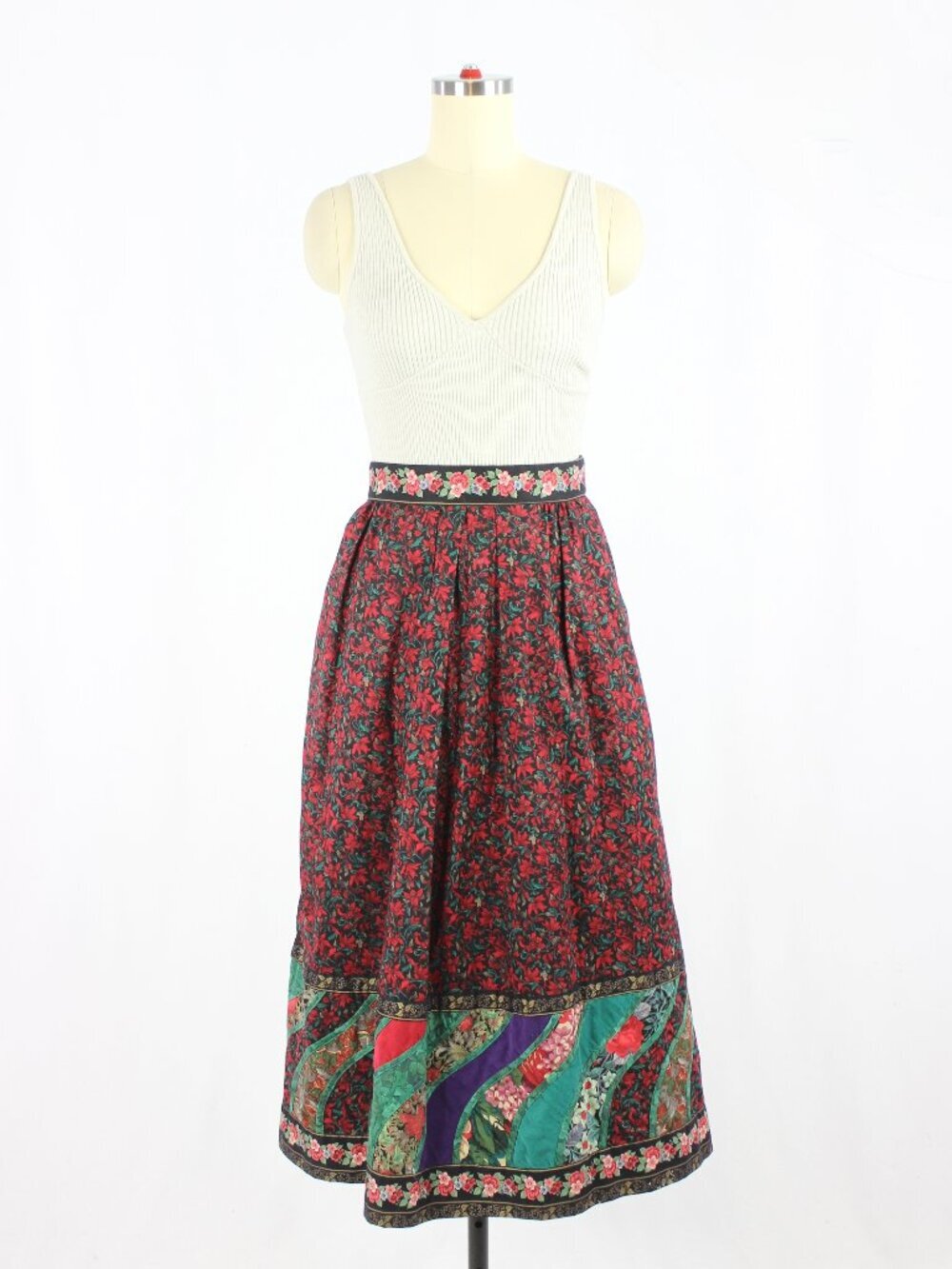 Vintage 80's Unbranded Black Red Floral Quilted Cotton Midi Skirt, One Size